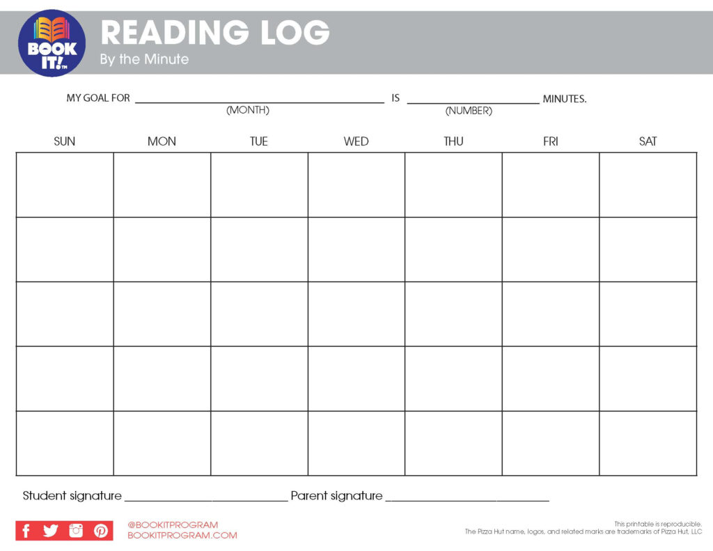 Blank Monthly Reading Log The Pizza Hut BOOK IT Program