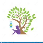 Children Reading A Book Under The Tree With Lantern Logo For Education