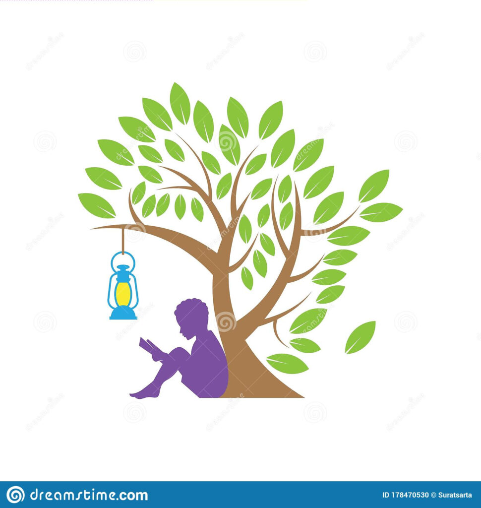 Children Reading A Book Under The Tree With Lantern Logo For Education 