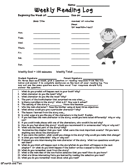 Fourth And Ten Reading Response Home Reading Log Freebie 