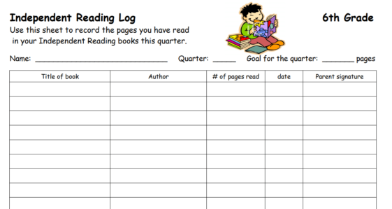 Independent Reading Log 6th Grade Template