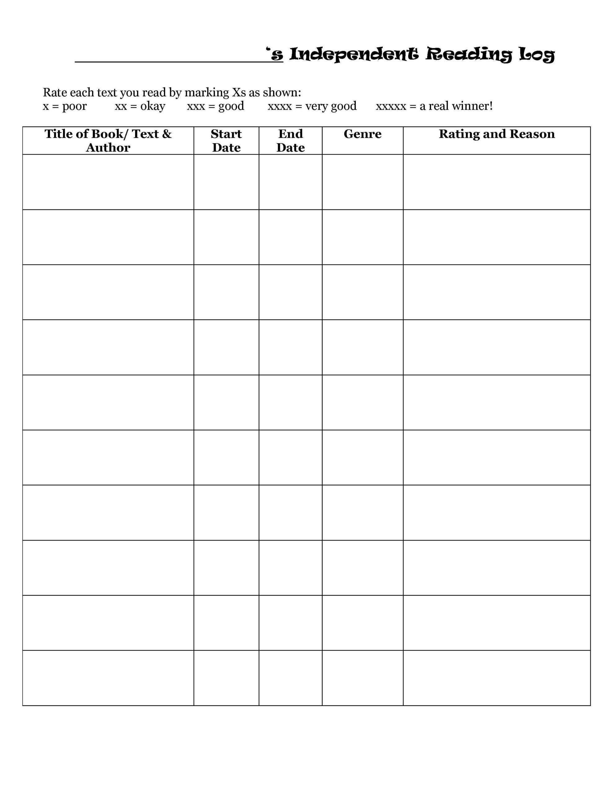 Independent Reading Log Template For The Junior Grades Writing With