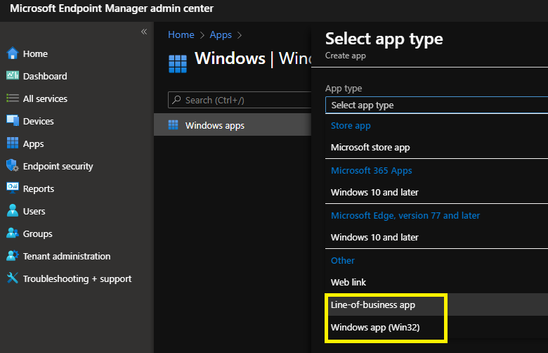 Intune Application Deployment Line Of Business LOB Vs Win32 Apps