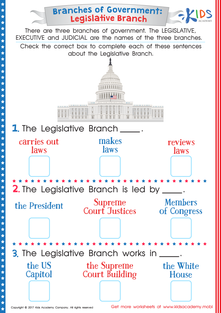 US Legislative Branch Worksheet Free Printable PDF For Kids Answers 